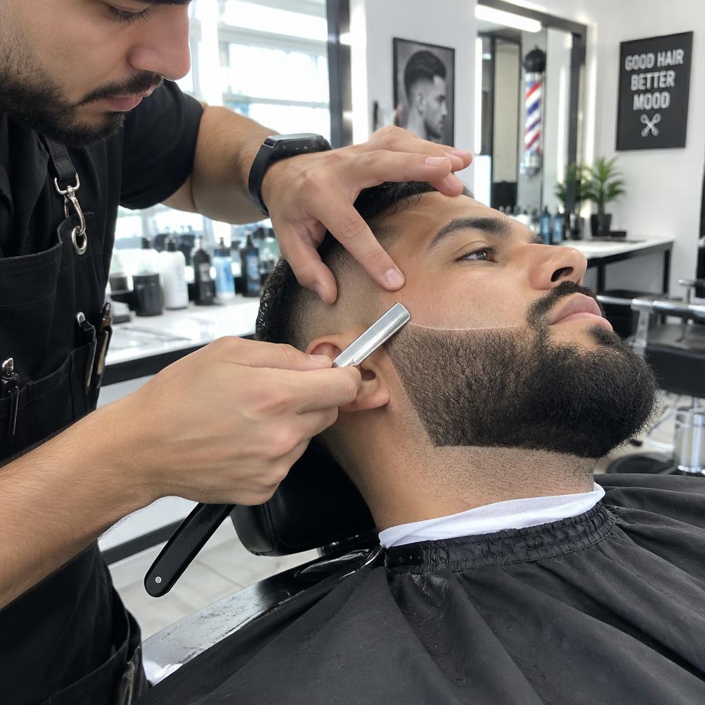 Barber lining up a full beard with a straight razor