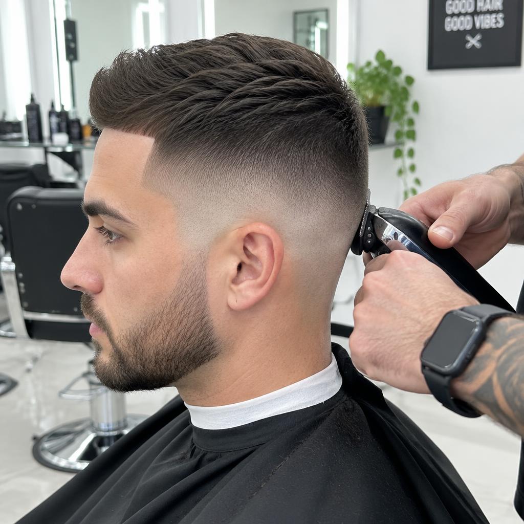 Barber finishing a clean mid skin fade with clippers