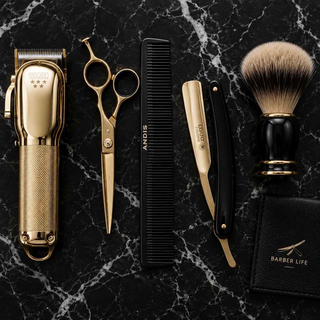 Gold clippers, scissors and straight razor used at AJ Barbershop